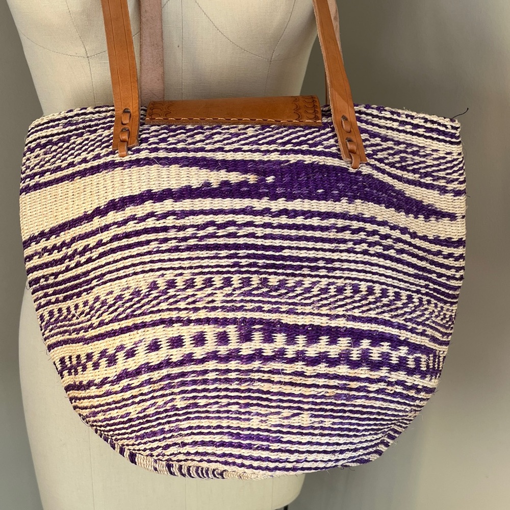 Handwoven Sisal Bag Kenyan Kiondo Basket Tote Leather Purple African Artisan - Picture 8 of 15